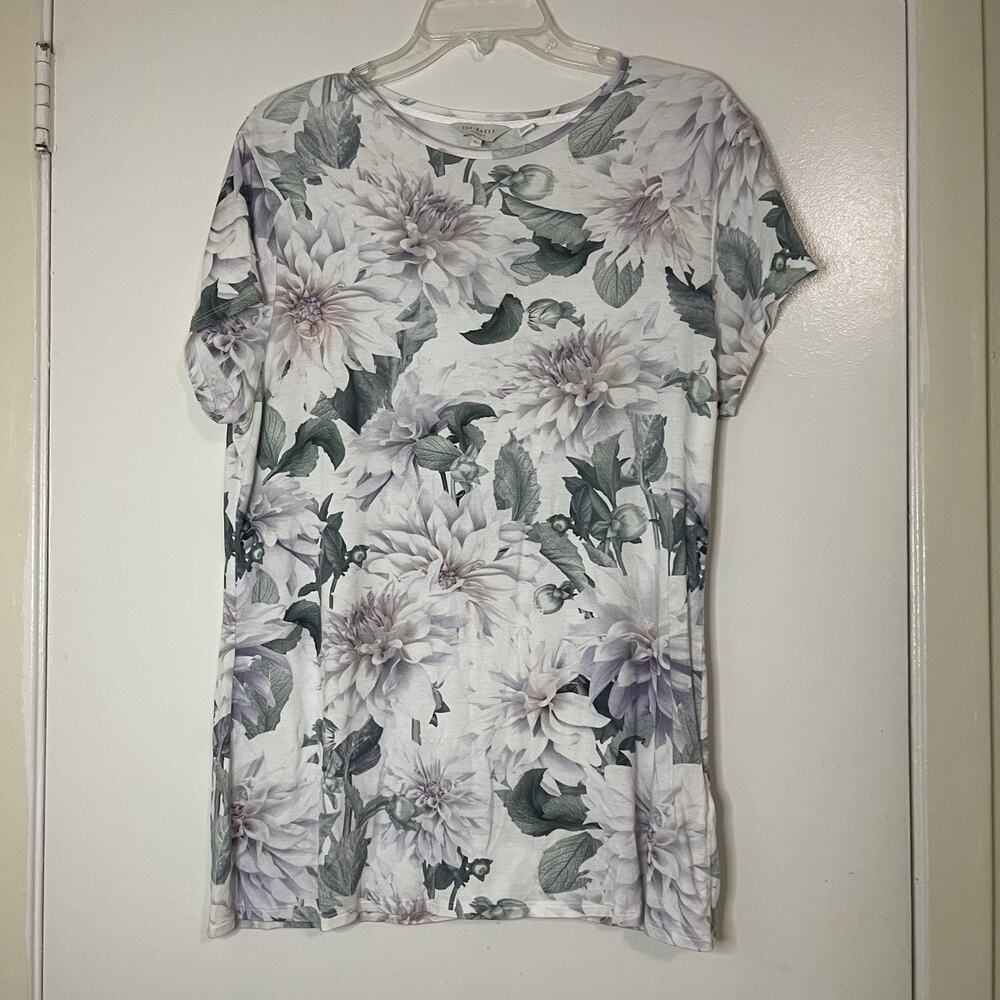Ted Baker White Hilmaa Clove Floral Fitted Tee Top size 6 XL